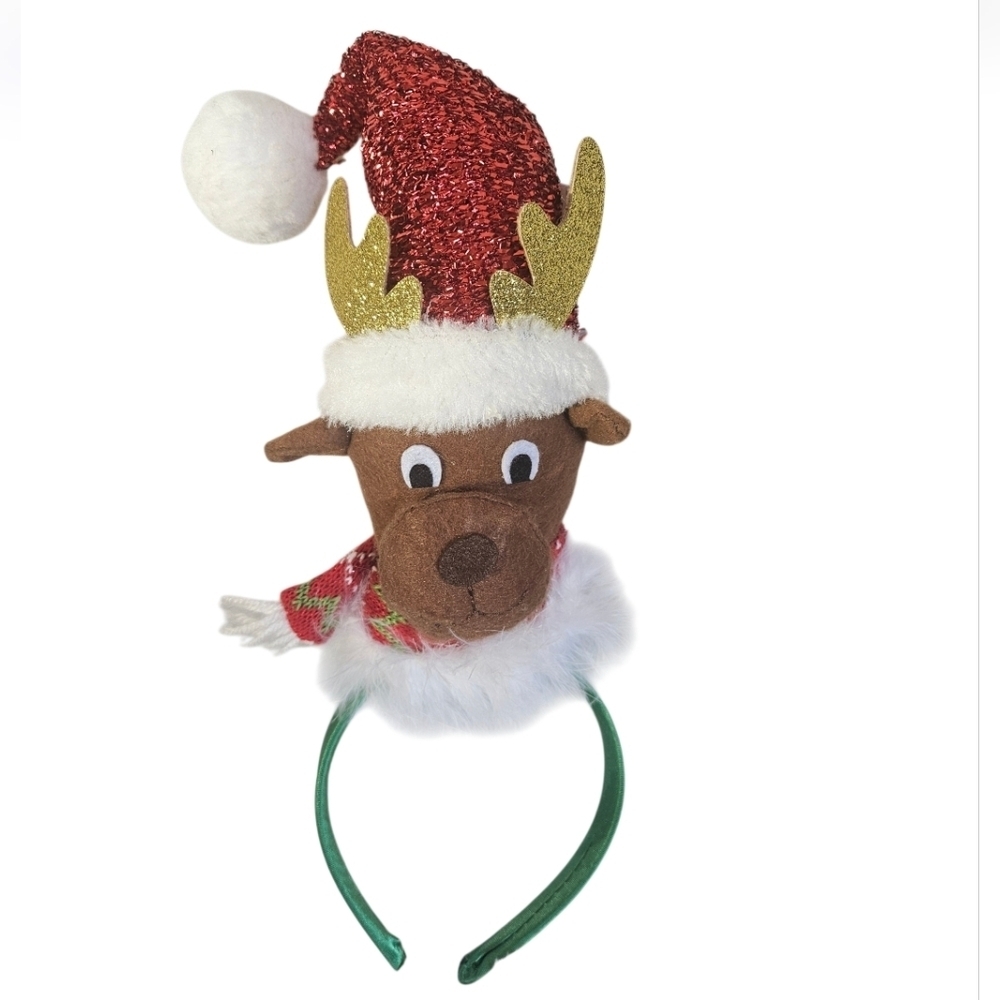 Red Santa Hat Green Antlers Headband Holiday Accessory 14 Inch